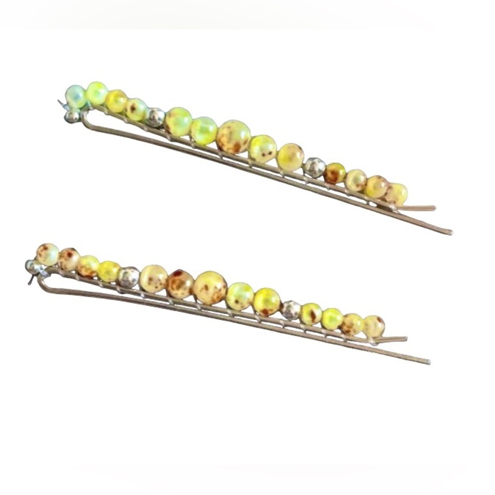 Set of Semi Precious Jewel Beaded Wrapped Silver Tone Hair Barrette’s Yellow Red
